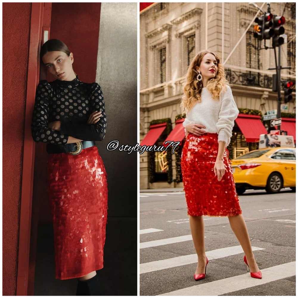 Anthropologie Red Sequin Pencil Skirt